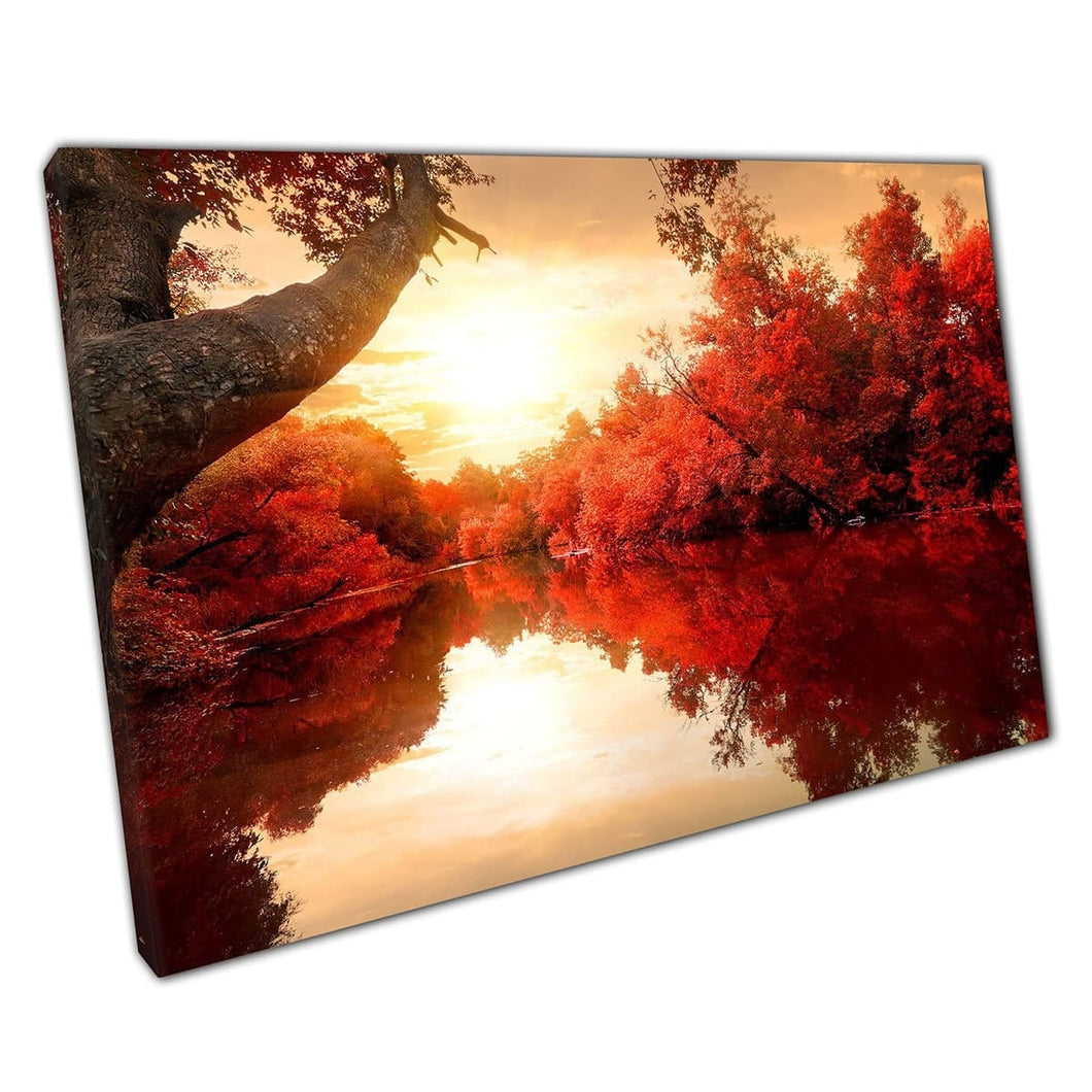 Red Leaf Trees Lining The Calming Tranquil River Edge In Autumn Seasonal Photography Wall Art Print On Canvas Mounted Canvas print