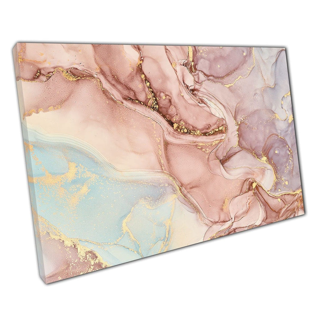 Pastelroze blauw paarse tonen goud wervelende hoogtepunten abstract vloeiende inkt marmering muurwand kunst print op canvas gemonteerde canvas print