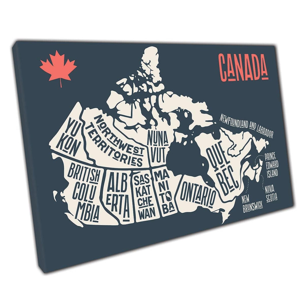Minimalistische geïllustreerde Canada -kaart opgesplitst door geografische gebieden Wall Art Print op canvas gemonteerde canvas print