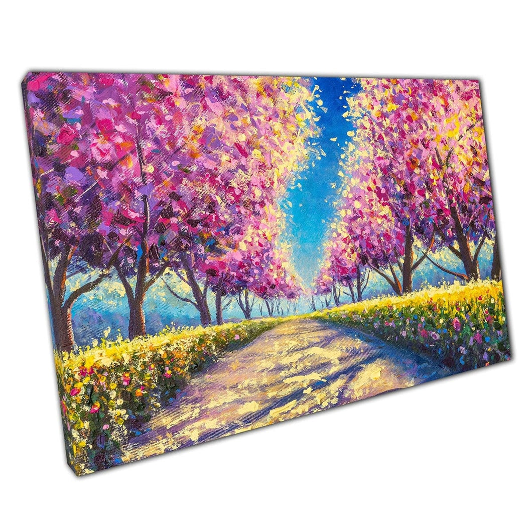 Park Path Lined With Wild Flowers And Cherry Sakura Blossom Trees Oil Painting Style Wall Art Print On Canvas Mounted Canvas print