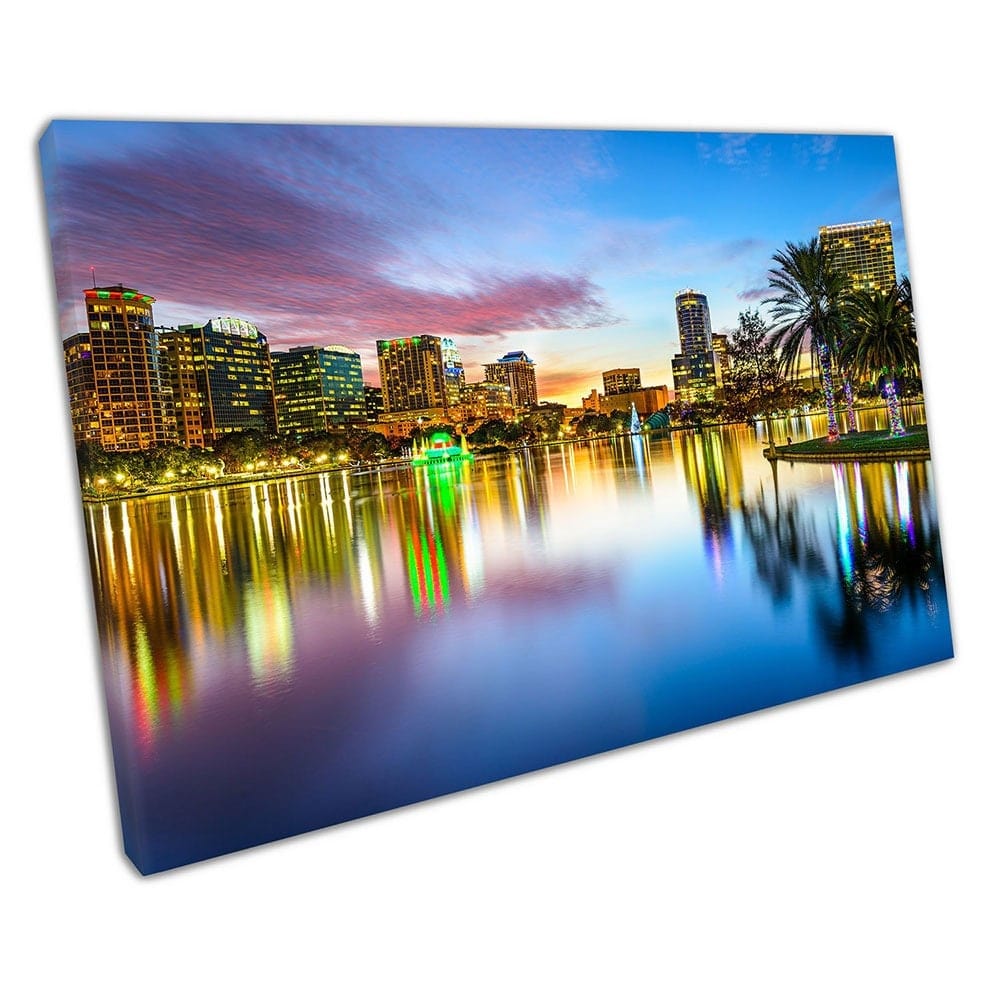 Reflections Water Downtown Orlando Sunset Florida Pronto a appendere la stampa in tela montata in arte da parete