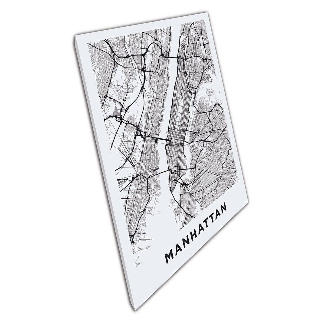 Zwart -wit geïllustreerde kaart van Manhattan Wall Art Print op canvas gemonteerde canvas print