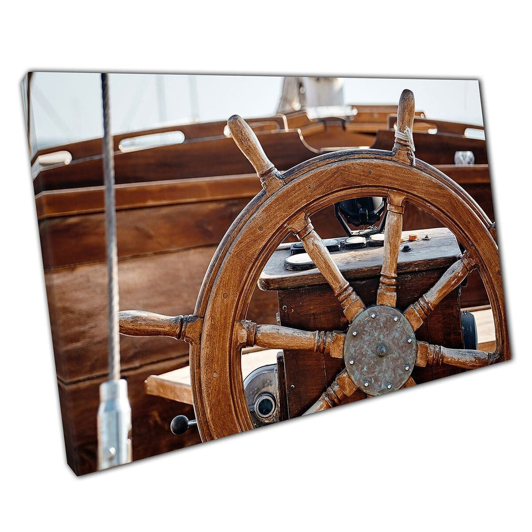 Close Up View of Boat Wheel and Deck Antique Wooden Sailing Yacht Wall Art Print op canvas gemonteerde canvas print