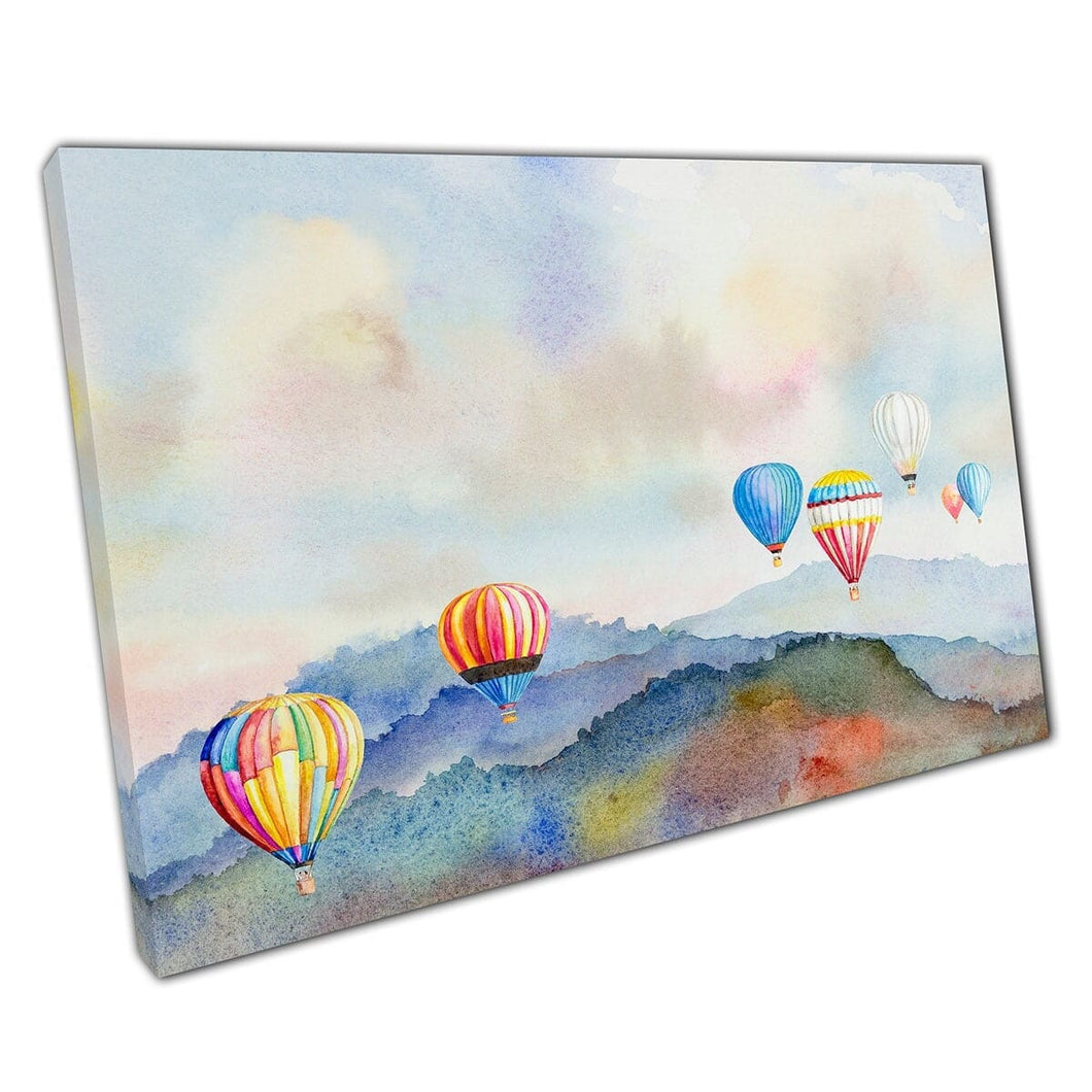 Kleurrijke hete luchtballonnen tijdens de vlucht over Thailand Aquarel schilderstijl Wall Art Print op canvas gemonteerde canvas print