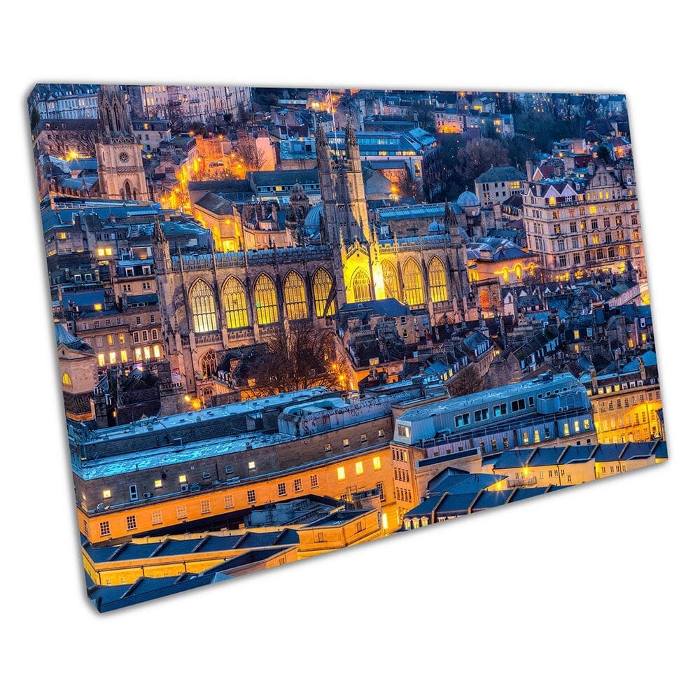 Stad van Bath 's nachts St John's Church met straatverlichting klaar om muurwand te hangen afdrukken gemonteerde canvas print