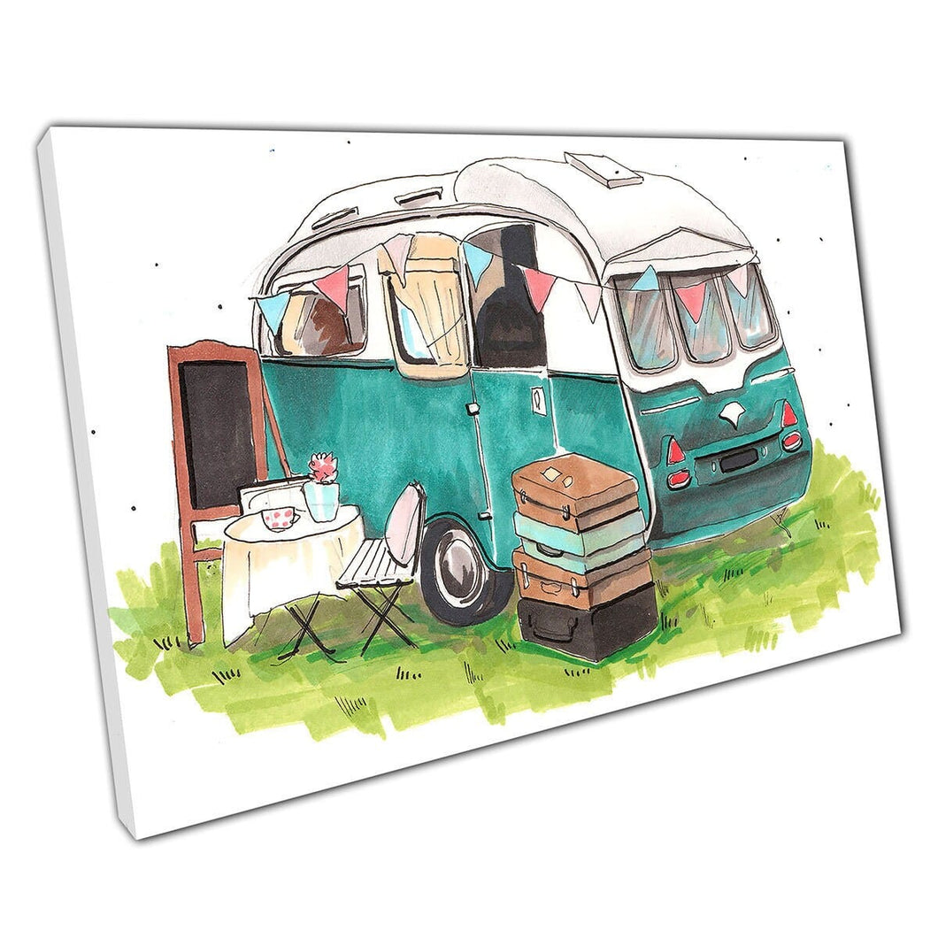Old school vintage hipster campervan avontuur camping aquarel illustratie muur kunst print op canvas gemonteerde canvas print