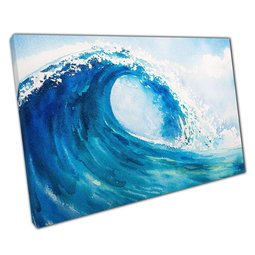 Beautiful Ocean Wave Multiple Tones Of Sea Blue Watercolour Painting Illustration Wall Art Print On Canvas Mounted Canvas print