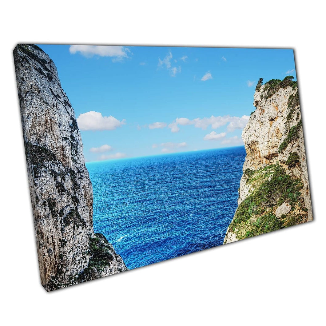 Vista del vasto paesaggio marino blu ricco tra due scogliere rocciose Capo Caccia Shore Italia Wall Art Stampa sulla tela di tela
