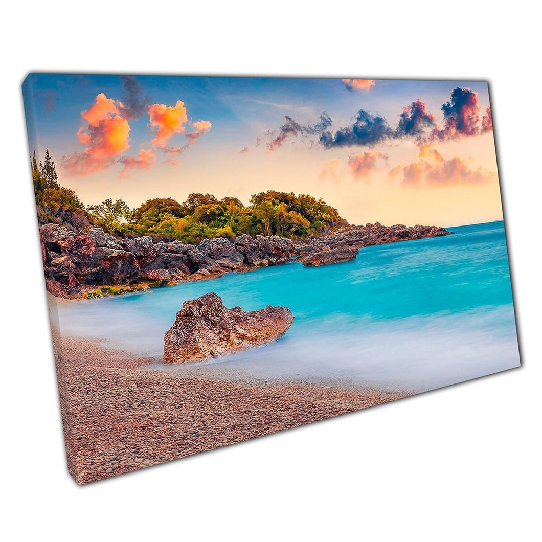 Long Exposure Calm Blue Seascape Sunrise Over Apelistra Beach Albania Adriatic Sea Wall Art Print On Canvas Mounted Canvas print