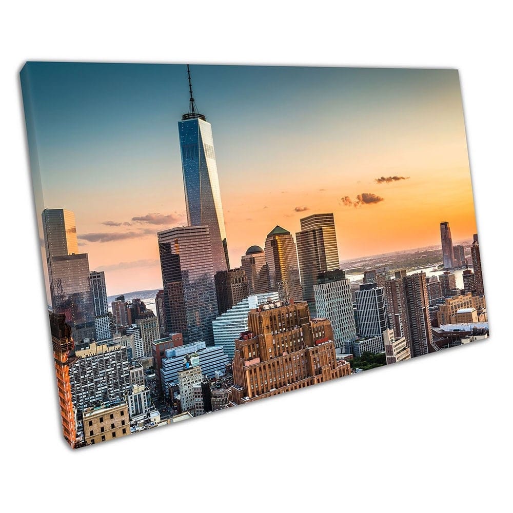New World trade centre Lower Manhattan New York sunset Ready to Hang Wall Art Print Mounted Canvas print