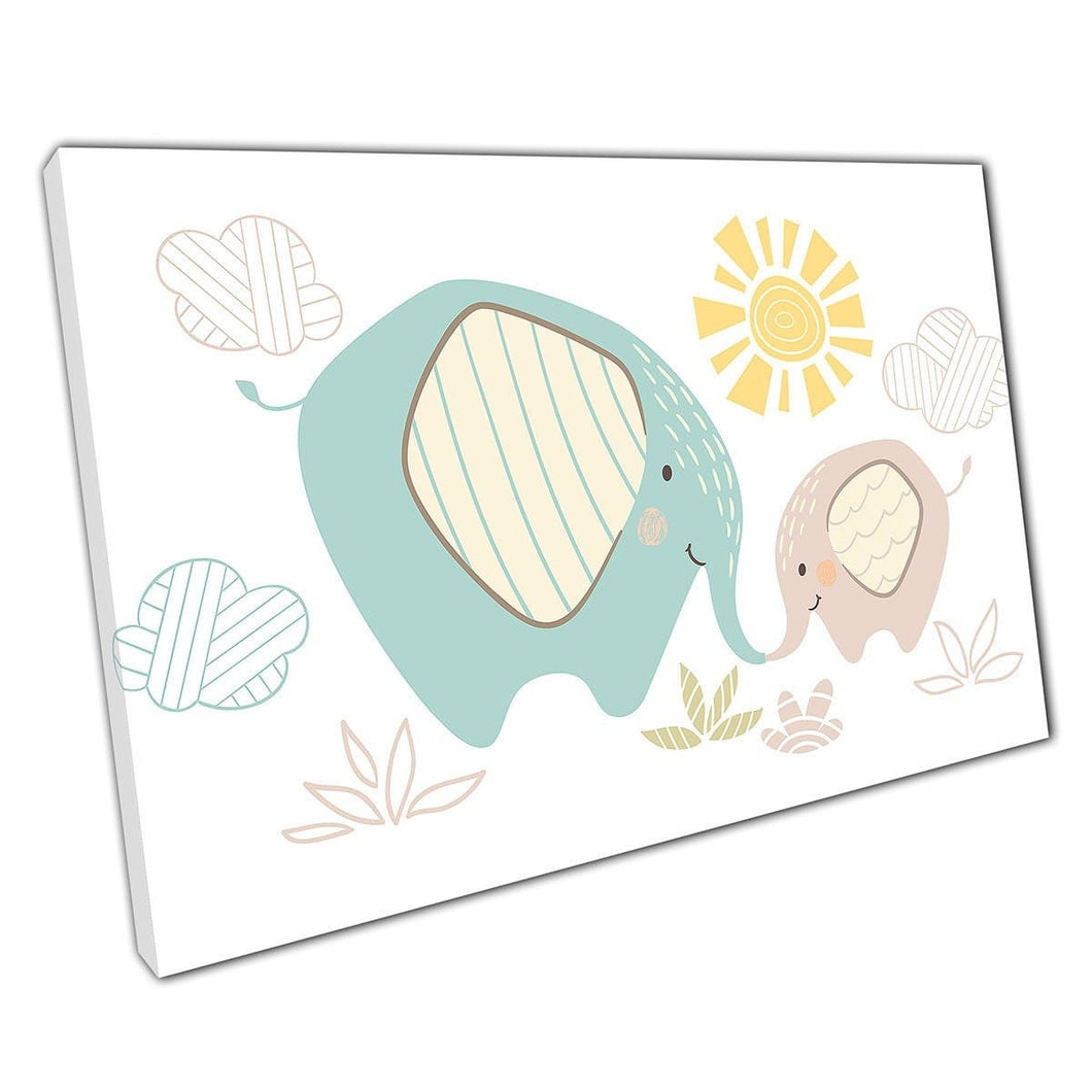 Schattige cartoon moeder en babyolifant vasthouden stammen binding kinderkamer wall art print op canvas gemonteerde canvas print
