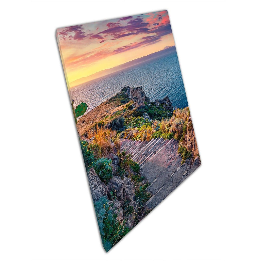 Spring Sunrise su Milazzo Cape Olf Staircase Sicilia Italia Mediterraneo Seascape Wall Art Stampa su tela di tela stampata stampata