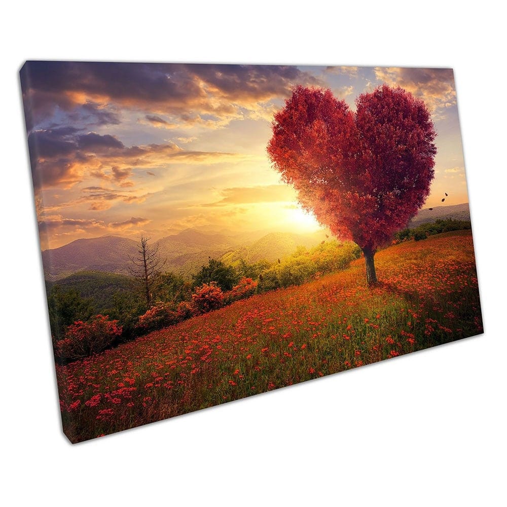 Albero a forma di cuore rosso bellissimo paesaggio del tramonto pronto a appendere la stampa in tela arte murata stampata in tela montata