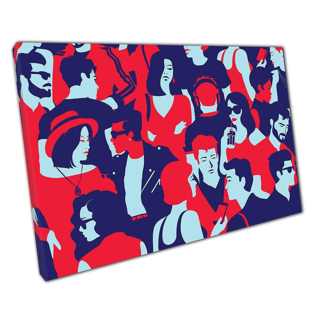 Gestileerde gemengde groep jonge mensen genieten van het nachtleven popkunststijl Wall Art Print op canvas gemonteerde canvas print