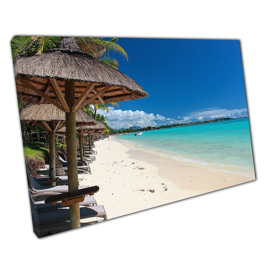 Luxury White Sandy Beach Beautiful Blue Ocean Lined With Loungers And Parasols Wall Art Print On Canvas Mounted Canvas print