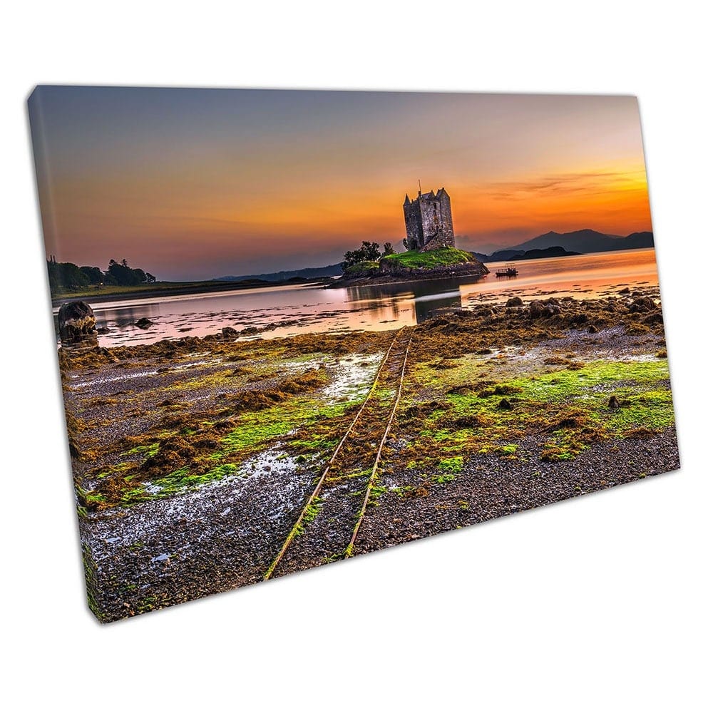 Zonsondergang over kasteel stalker Loch Laich Schotland landschap klaar om muurwand te hangen op canvas gemonteerde canvas print