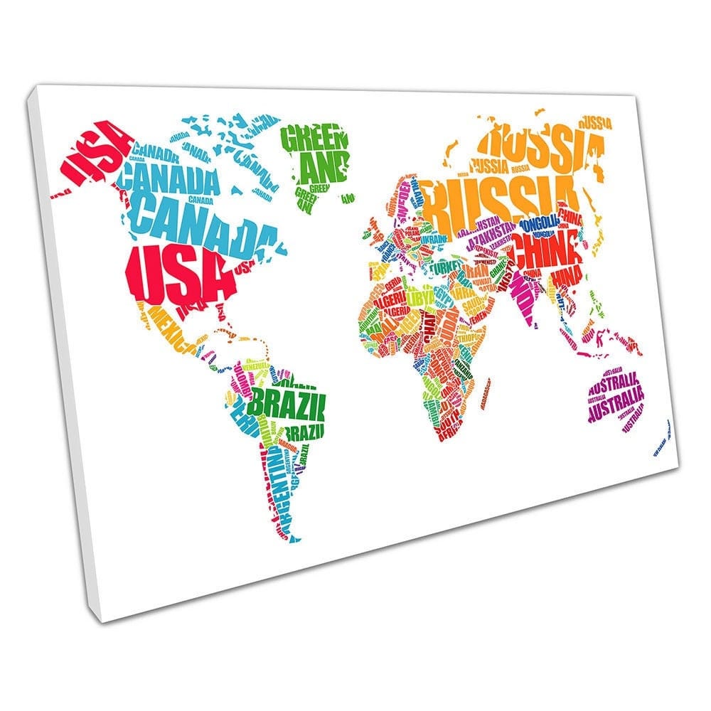 White World Map Word Cloud Tipografia I nomi dei paesi artistici pronti a impiccare arte murale stampata in tela montata