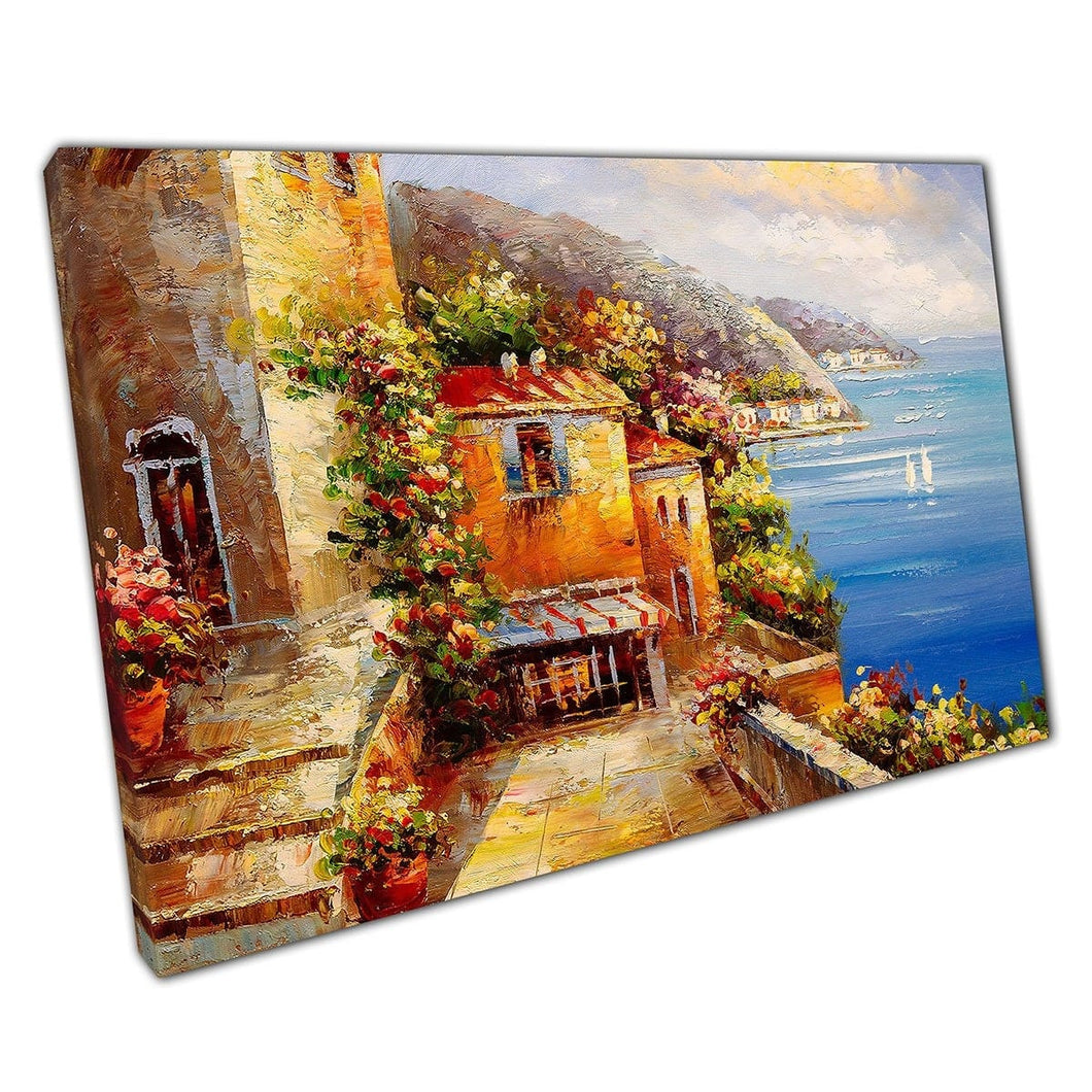 Olieverfschilderij van oceaankuil en gebouwen van Griekenland Wall Art Print op canvas gemonteerde canvas print