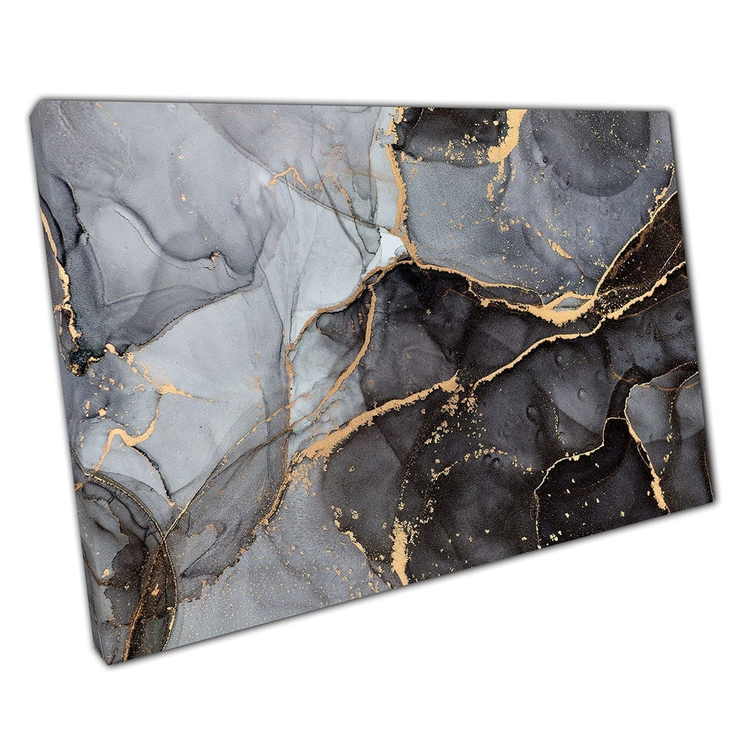 Zwart grijs met gouden hoogtepunten gratis vloeiende alcohol inkt marmeringstechniek abstracte muurkunst print op canvas gemonteerde canvas print