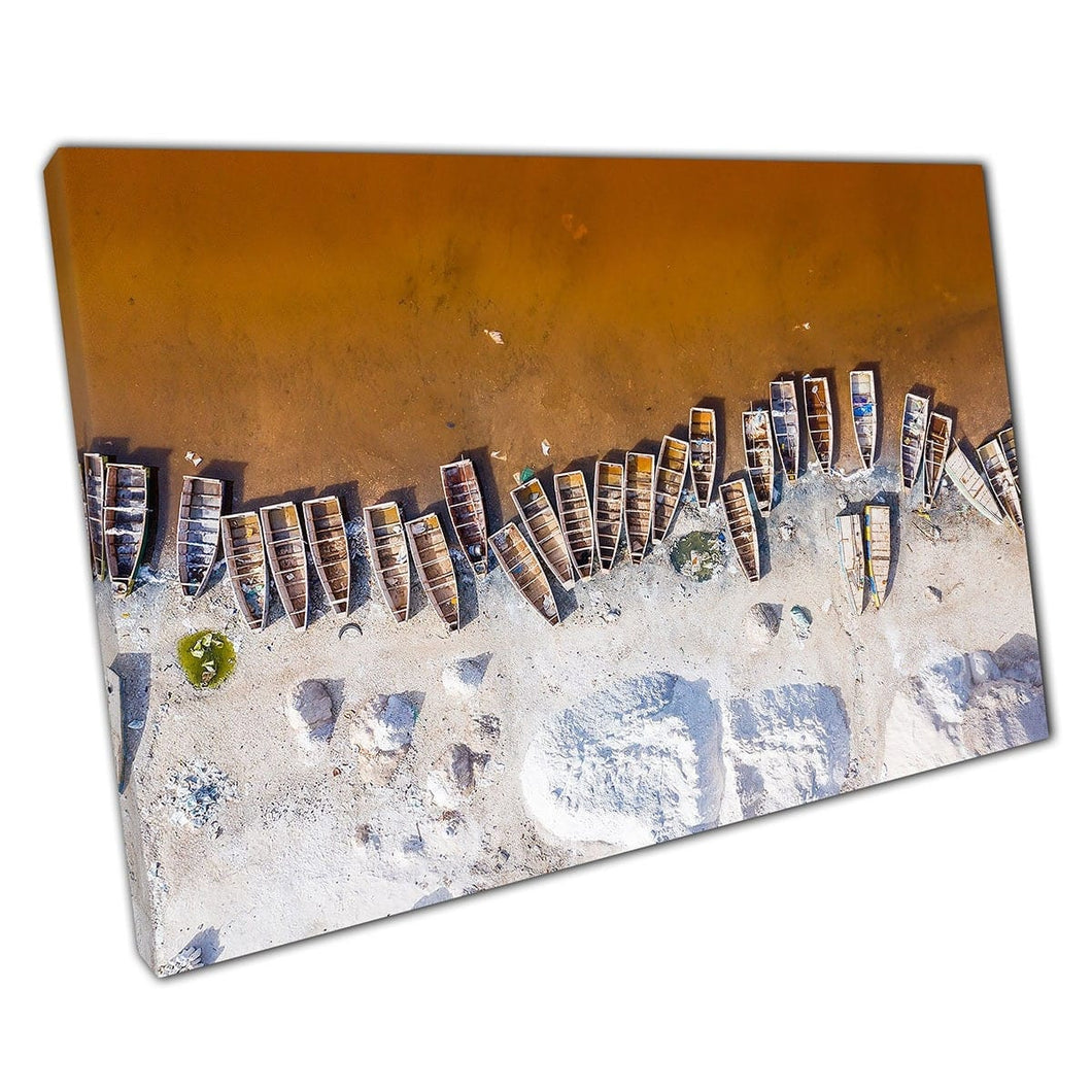 Aerial Drone View Of Lac Rosa The Pink Lake Retba In Senegal Boats Lining Lake Wall Art Print On Canvas Mounted Canvas print
