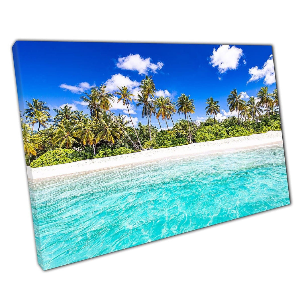 Exotische tropische zomerse palmboom strand scène kunst aan de muur op canvas gemonteerde canvas print