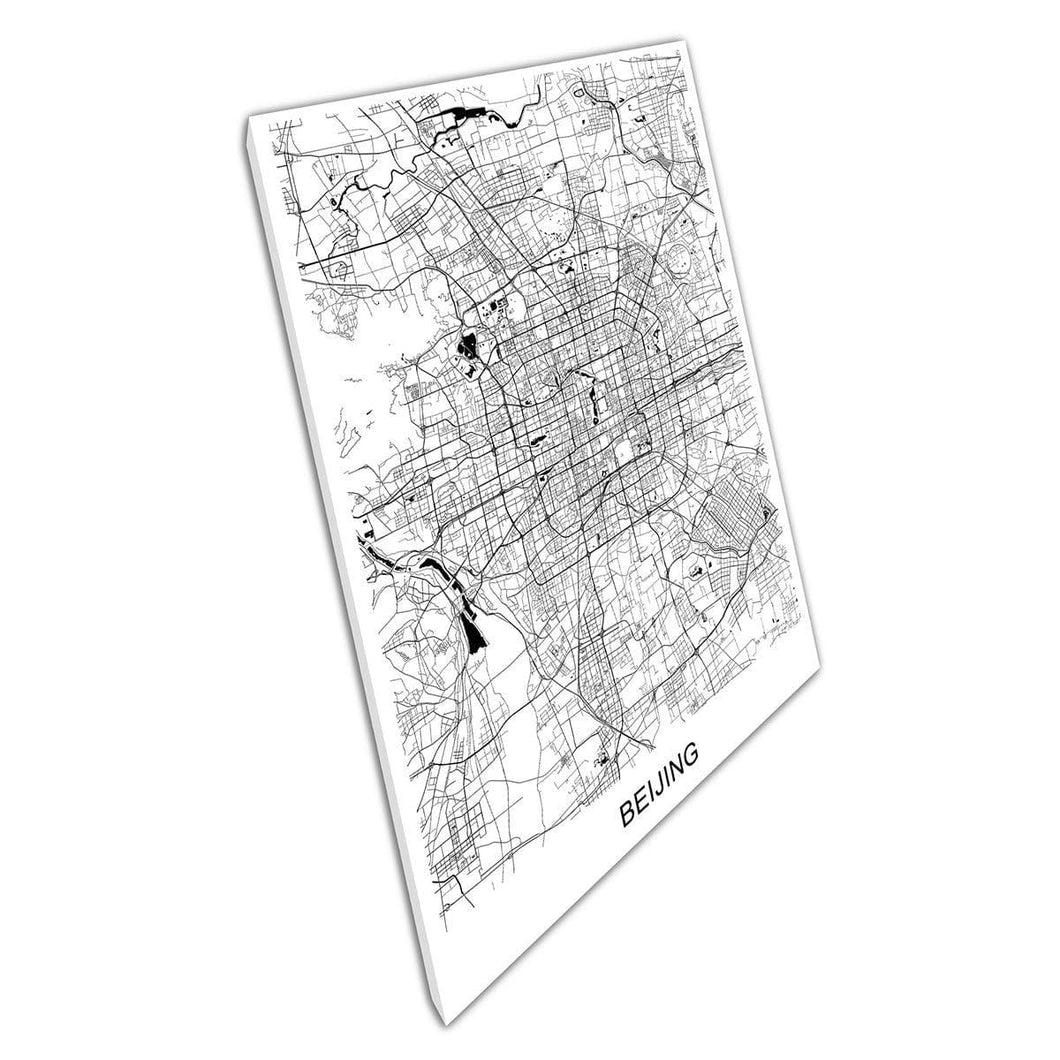 Zwart -witte stedelijke kaart Beijing China City Navigatie Minimale abstracte muurkunstafdruk op canvas gemonteerde canvas print
