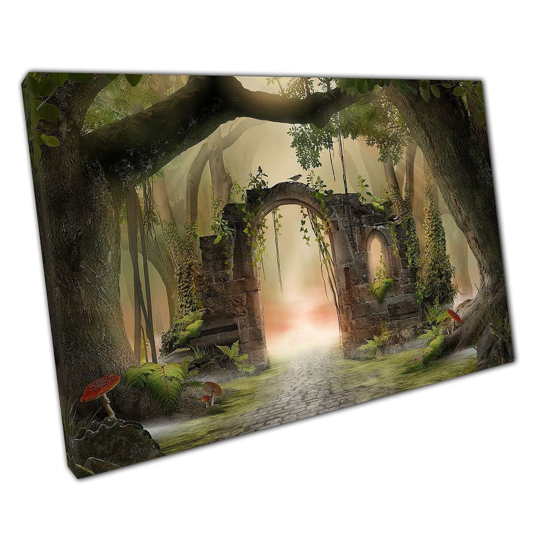 Magical Enchanted Forest Ruined Archway Fairy Fantasy Misty Moody Mythical Woodland Wall Art Print On Canvas Mounted Canvas print