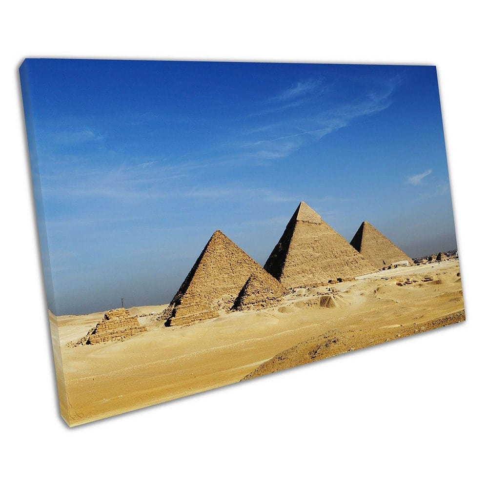 Cielos azules sobre las grandes pirámides de Giza Egipto egipcio Listo para colgar Arte de pared Impresión de lona montada