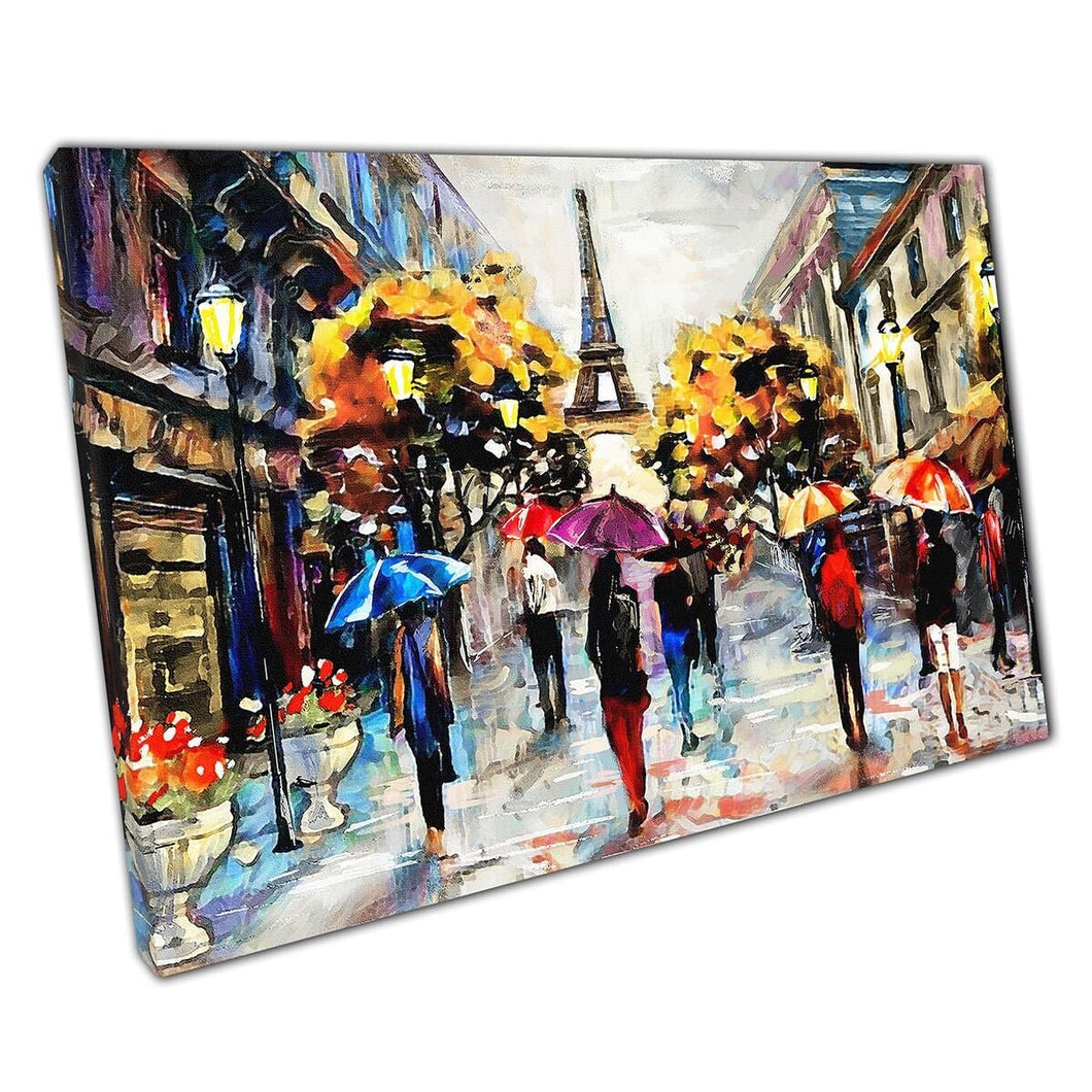 Persone che camminano lungo una vivace strada parigina verso Eiffel Tower Oil Painting Art Print Wall Art su tela Stampa di tela montata