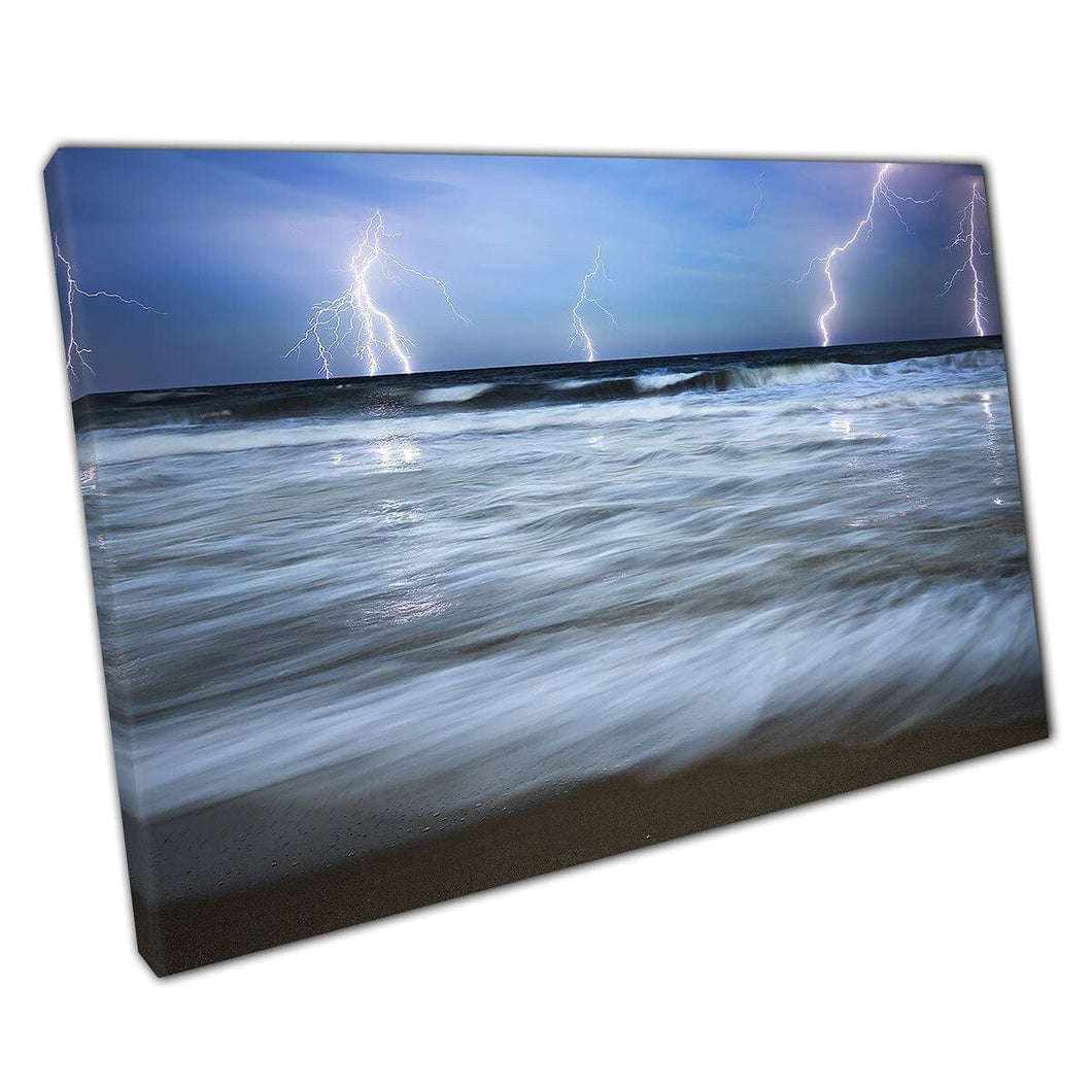 Frightening Lightening Storm Seascape Dark Sky With Wild Waves Dangerous Nature Wall Art Print On Canvas Mounted Canvas print