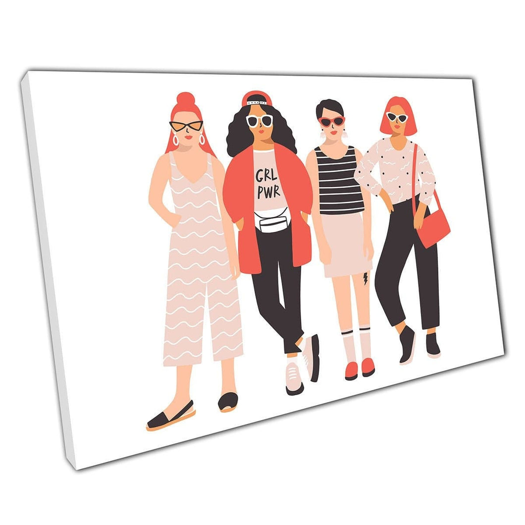 Jonge groep trendy feministische activisten digitale illustratie muurkunst print op canvas gemonteerde canvas print