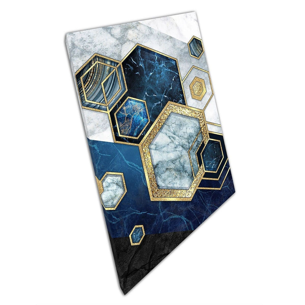 Hexagonal Art Deco Geometric Marbling Mosaic Honeycomb Blue Gold Black Pattern Wall Art Print On Canvas Mounted Canvas print