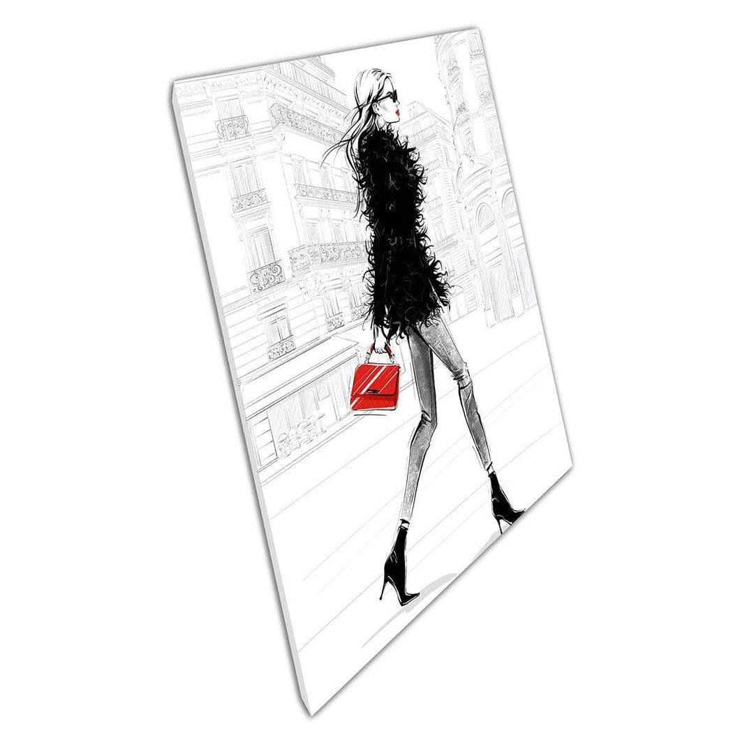 Stylish Chic Woman in Paris Dichiarazione Red Borsa di alta moda Illustrazione digitale Stampa artistica da parete su tela stampata montata in tela
