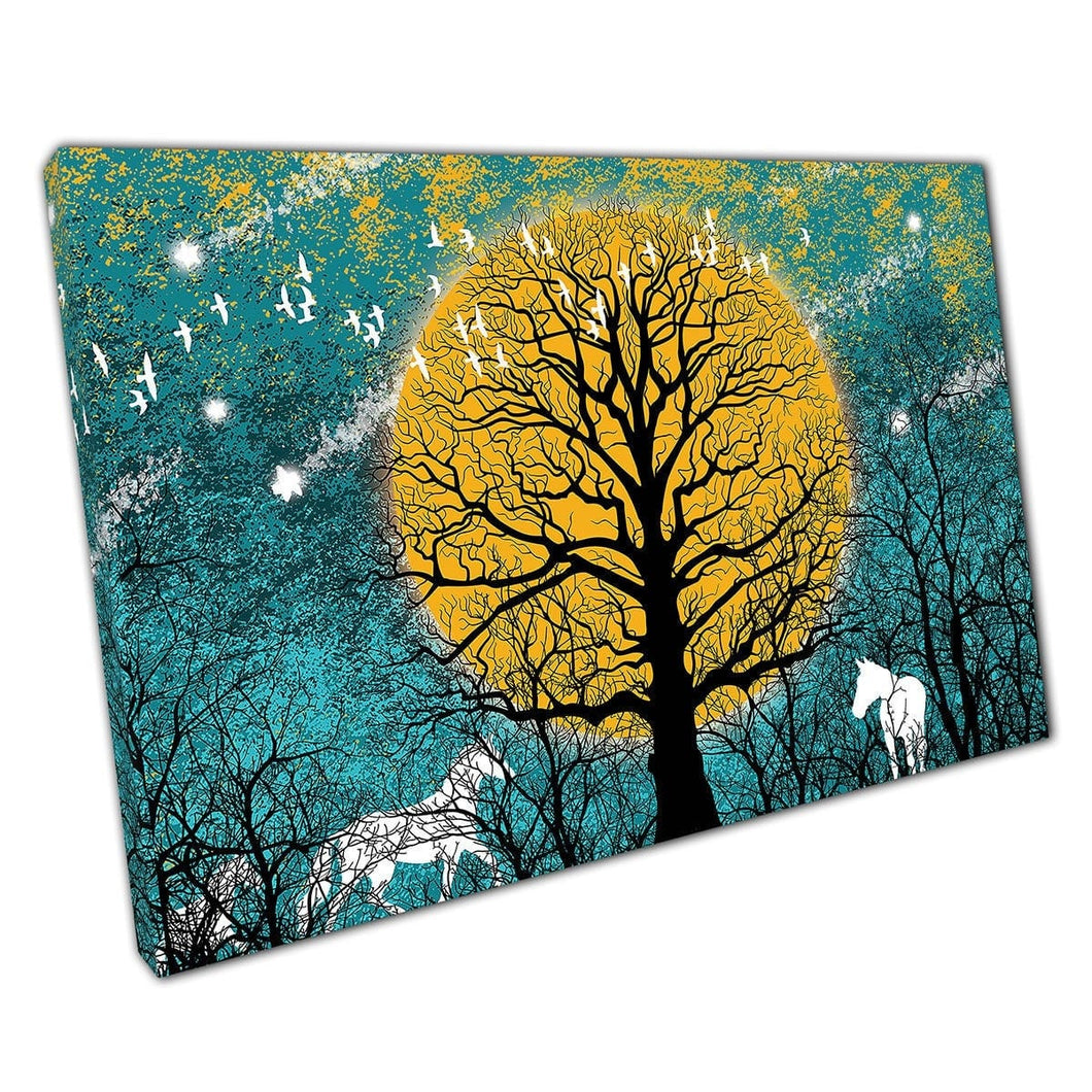 Kleurrijke abstract bosblauwe en gele tonen witte paarden en vogels eigentijdse muurkunst print op canvas gemonteerde canvas print