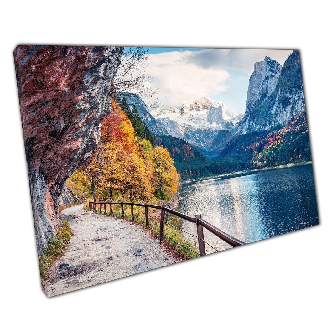 Morgen rustige herfstscène van het rustige meer Gosause -meer en de Oostenrijkse Alpen Europe Wall Art Print op canvas gemonteerde canvas print