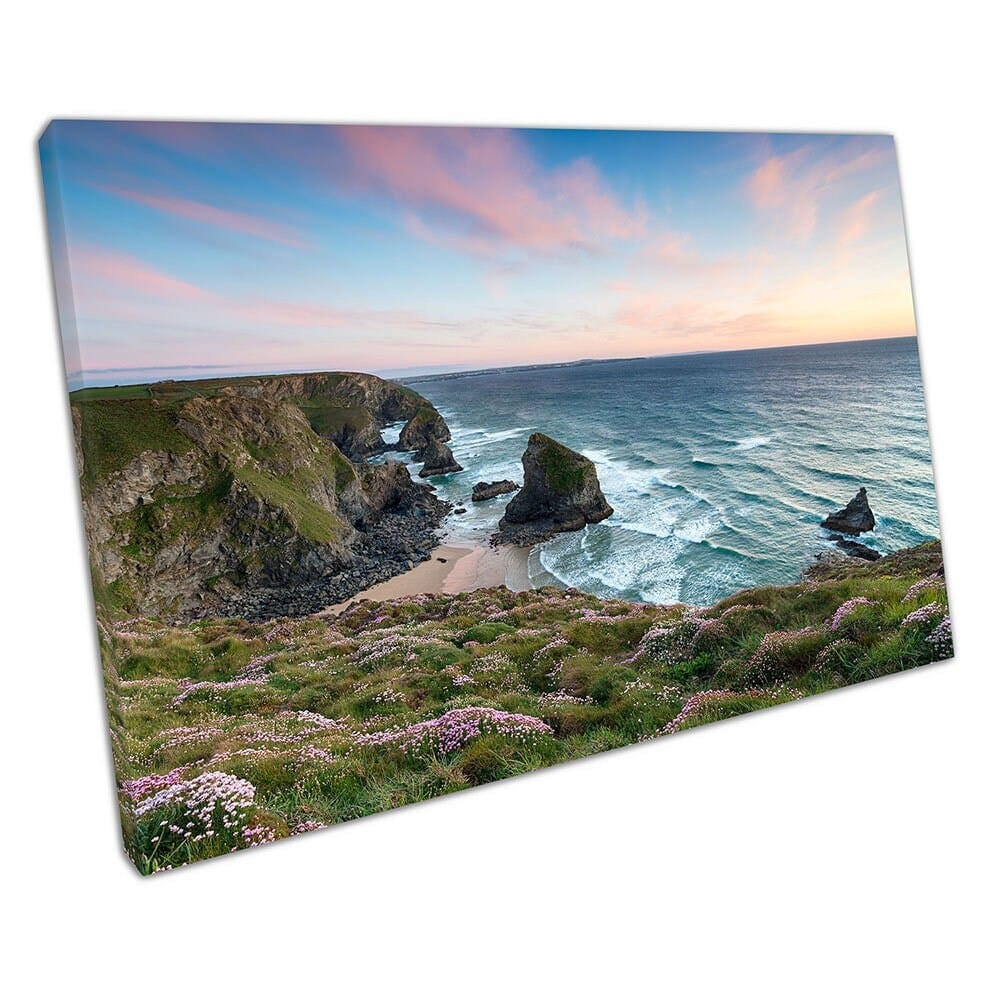 Zonsondergang zeespanning groeit op kliffen boven bedruthan stappen muur kunst print gemonteerde canvas print