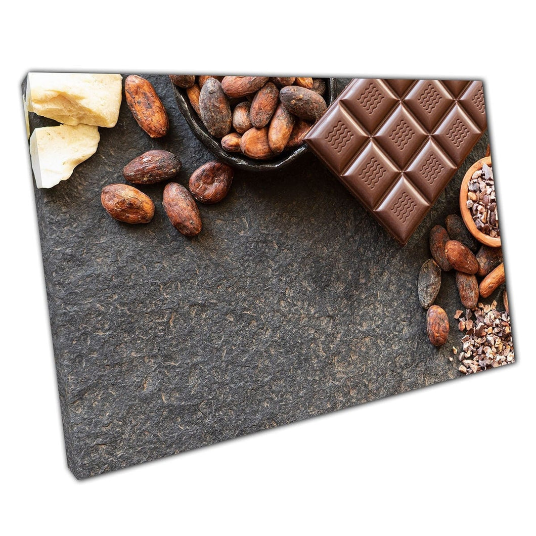 Chocolade bar omgeven door cacaobonen en cacaoboter rauwe ingrediënten chocolatier muur kunstprint op canvas gemonteerde canvas print