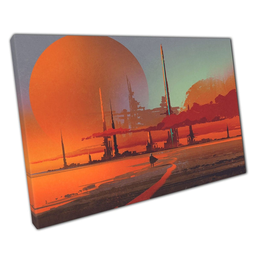 Traveller Looking Upon Futuristic Sci-Fi Industrial Space Desert Construction Scene Wall Art Print On Canvas Mounted Canvas print