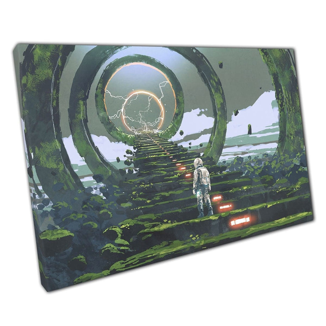 Futuristische astronaut kijkend naar Sci-Fi Portal bovenaan wat trappen fantasie muurkunst print op canvas gemonteerde canvas print