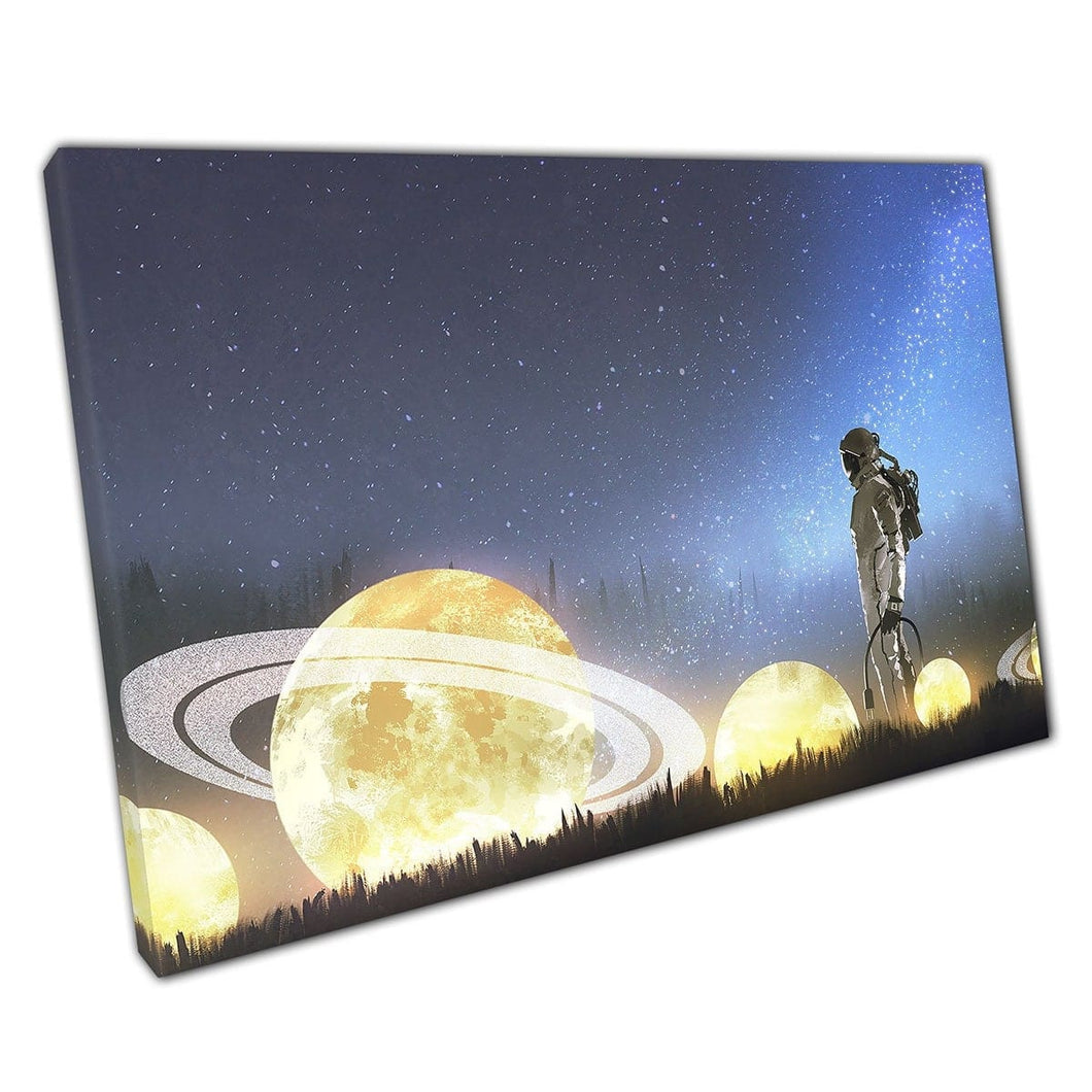 Astronaut Looking At Fallen Stars And Planets On Grass Under Night Sky Digital Art Wall Art Print On Canvas Mounted Canvas print