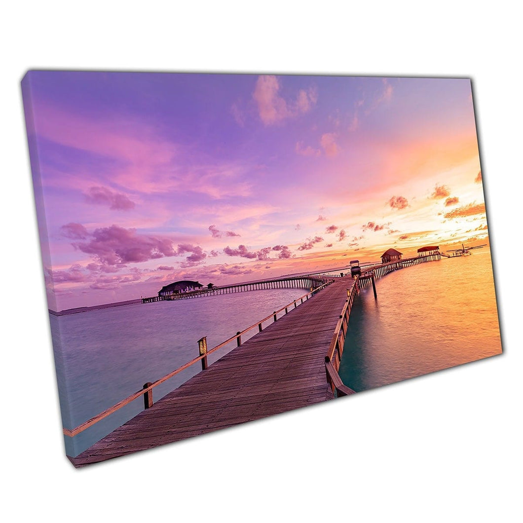 Beautiful Warm Sunset Seascape Over Tranquil Sea And Luxury Resort Villas Maldives Wall Art Print On Canvas Mounted Canvas print