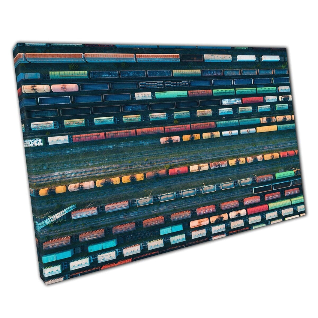Aerial View Of Many Industrial Colourful Cargo Freight Trains On Railroads Transport Wall Art Print On Canvas Mounted Canvas print