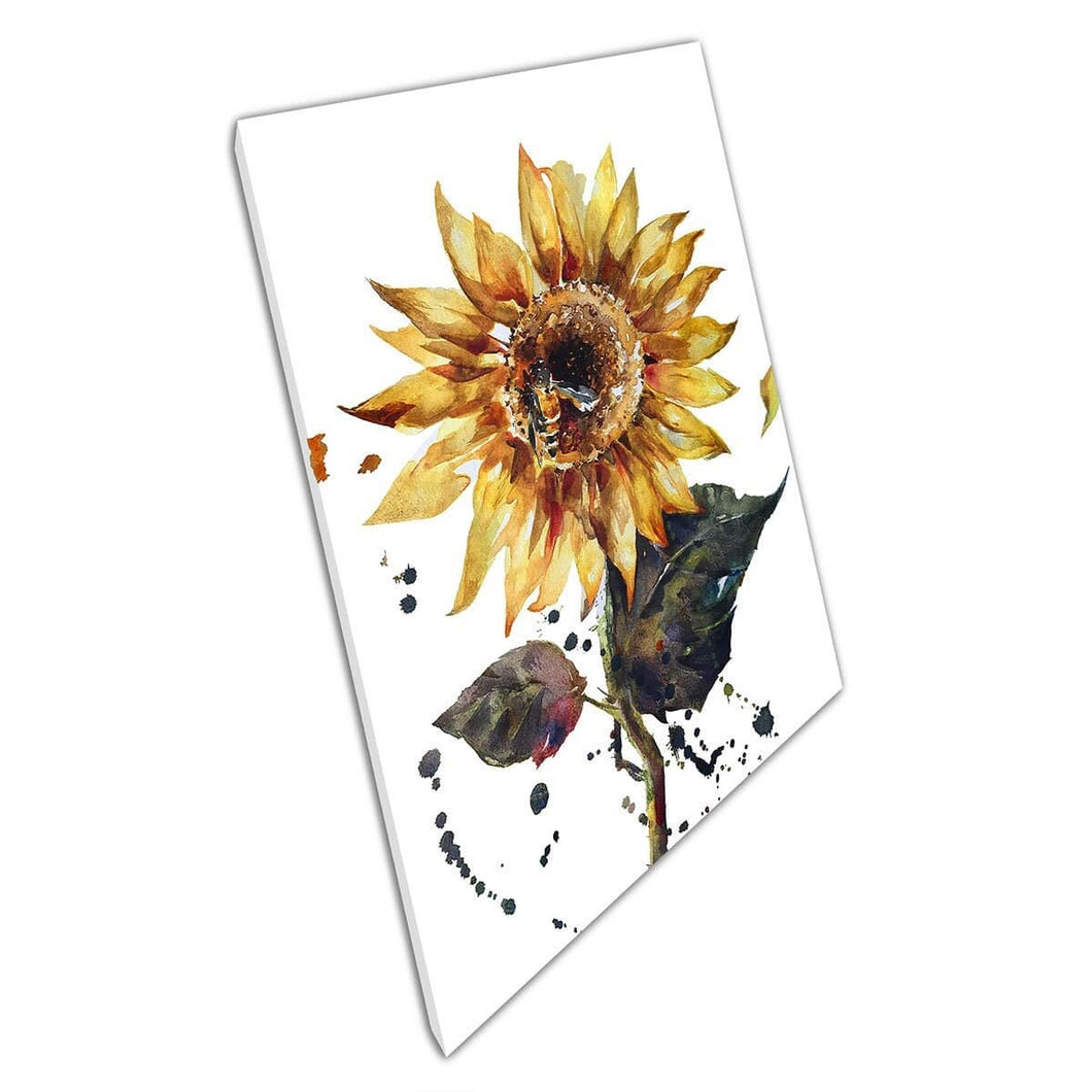 Paint Splatter in stile acquerello di api bumble che visita una stampa artistica da parete estiva primavera di girasole su tela di tela stampata