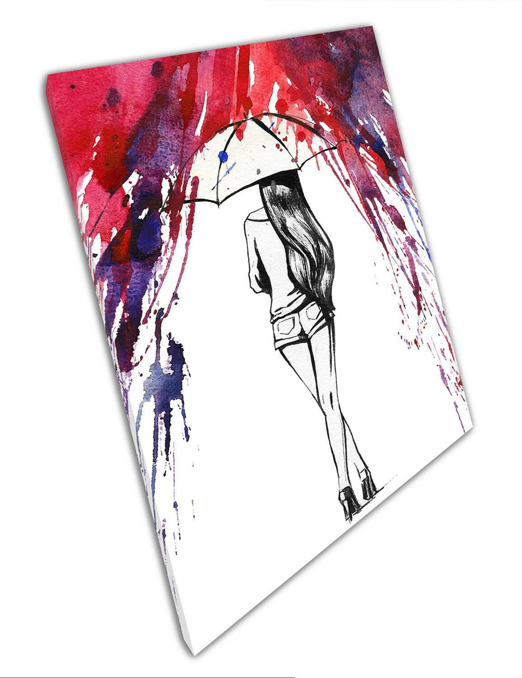 Waterverf jonge dame in rode regen met paraplu klaar om canvas muur kunst te hangen print gemonteerde canvas print