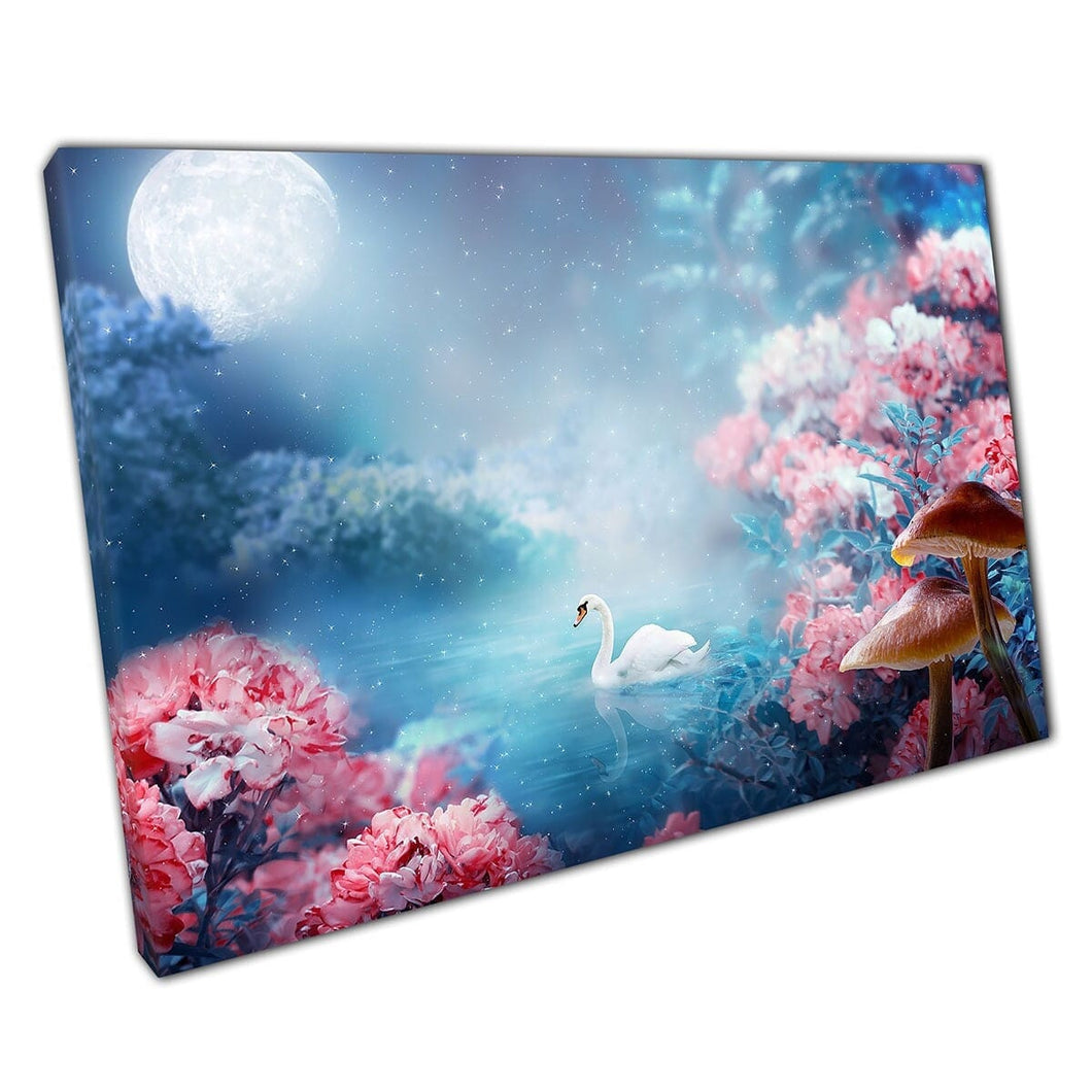 Enchanted Magical Swan Lake verlicht door maanlicht omgeven door bloeiende bloemen Wall Art Print op canvas gemonteerde canvas print