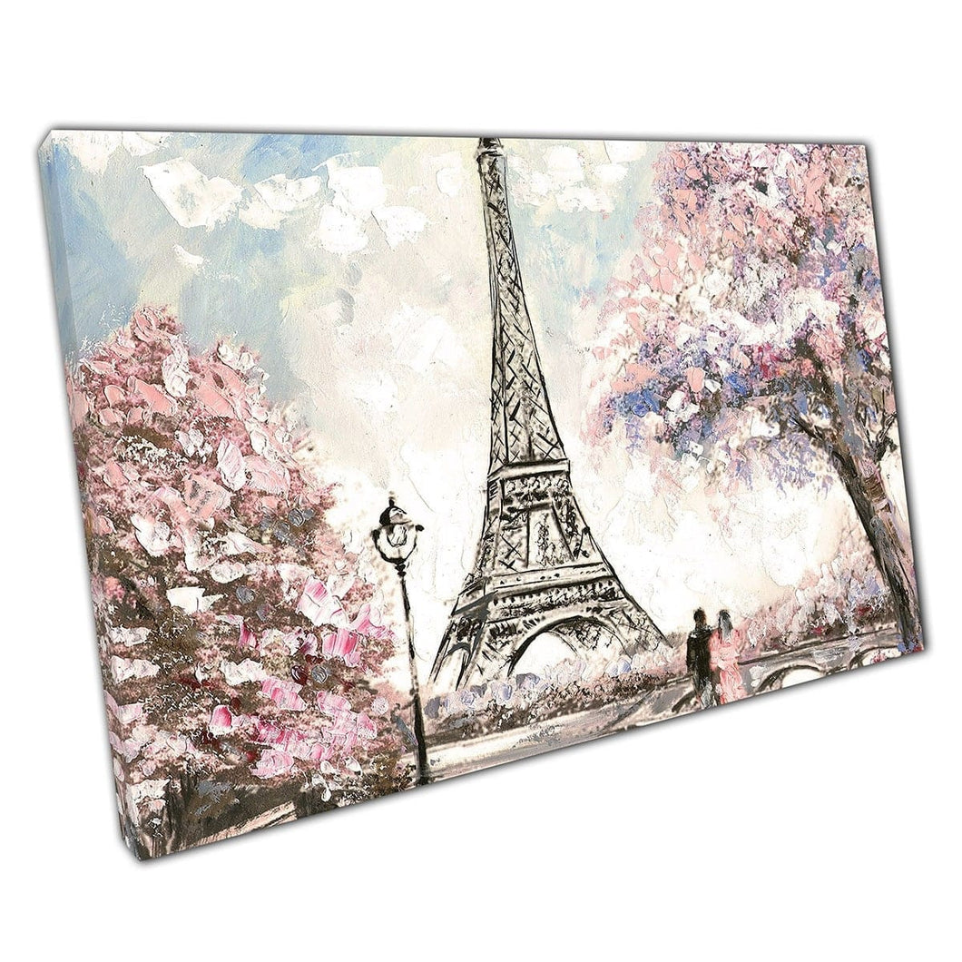 Paar lopen naar Eiffeltoren Paris Paris omgeven door roze gebladerteolie Painting Wall Art Print op canvas gemonteerde canvas print