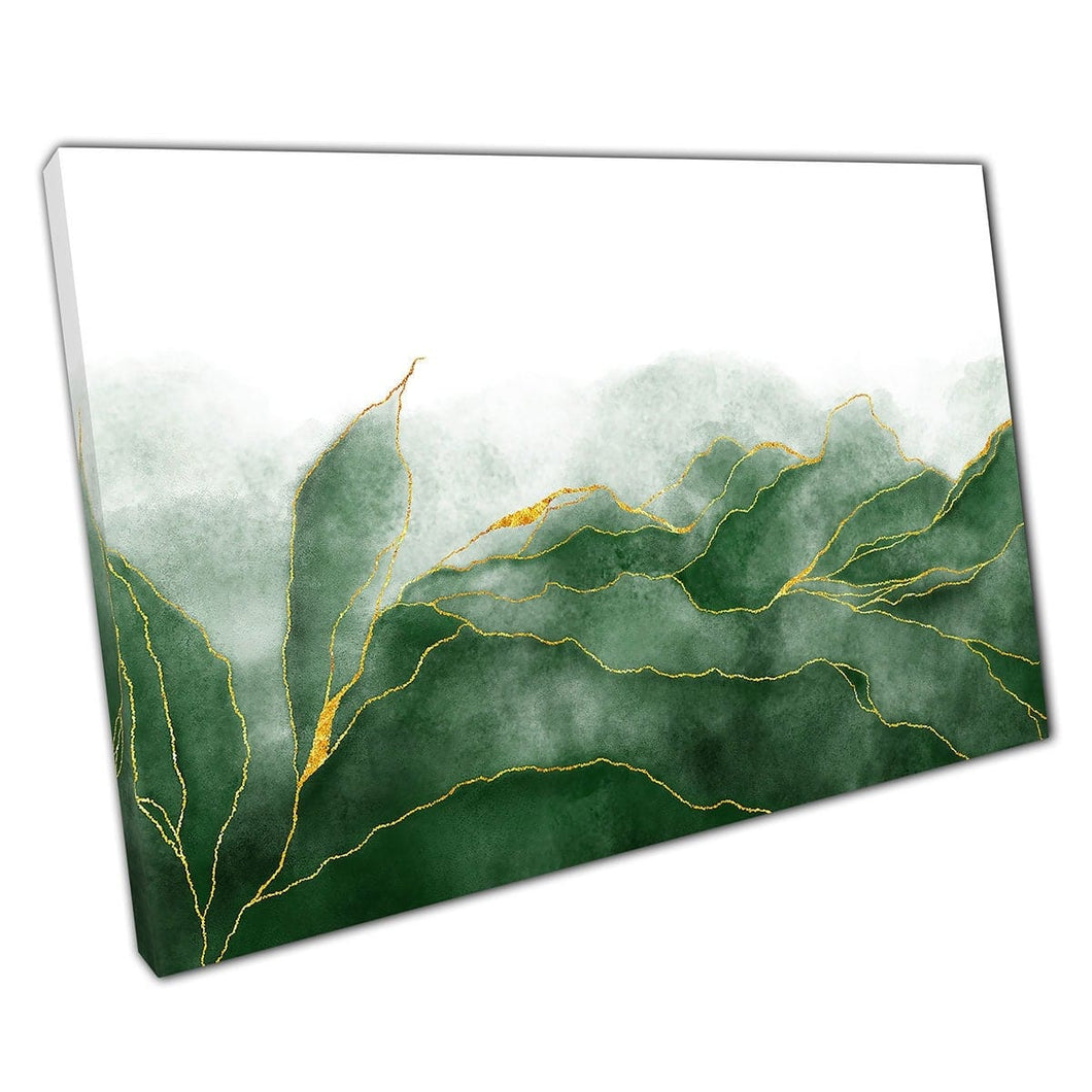 Vloeistofgroene verf inkt borstelstreken met gouden aderen gebladerte zoals abstract patroon muur kunst print op canvas gemonteerde canvas print