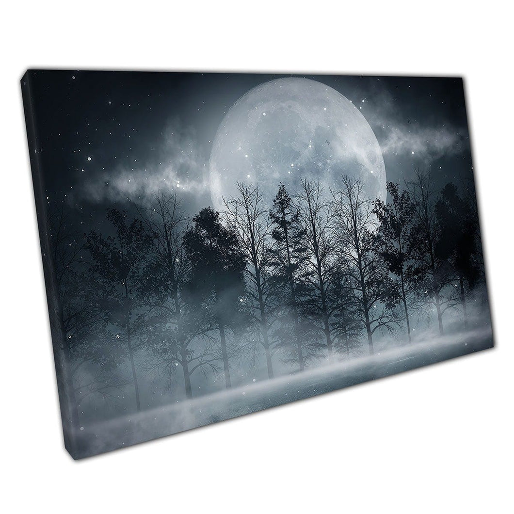 Large Full Moon Illuminating Dark Spooky Fog Mist Filled Forest At Night Scene Wall Art Print On Canvas Mounted Canvas print