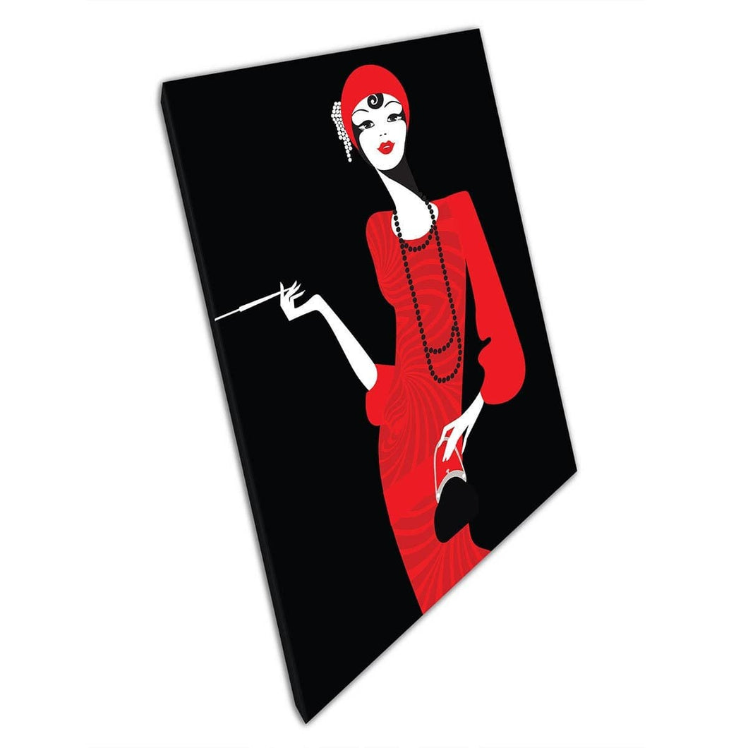 Beautiful Art Deco 1920's Flapper Glamourous Woman in Red Digital Illustration Wall Art Print On Canvas Mounted Canvas print