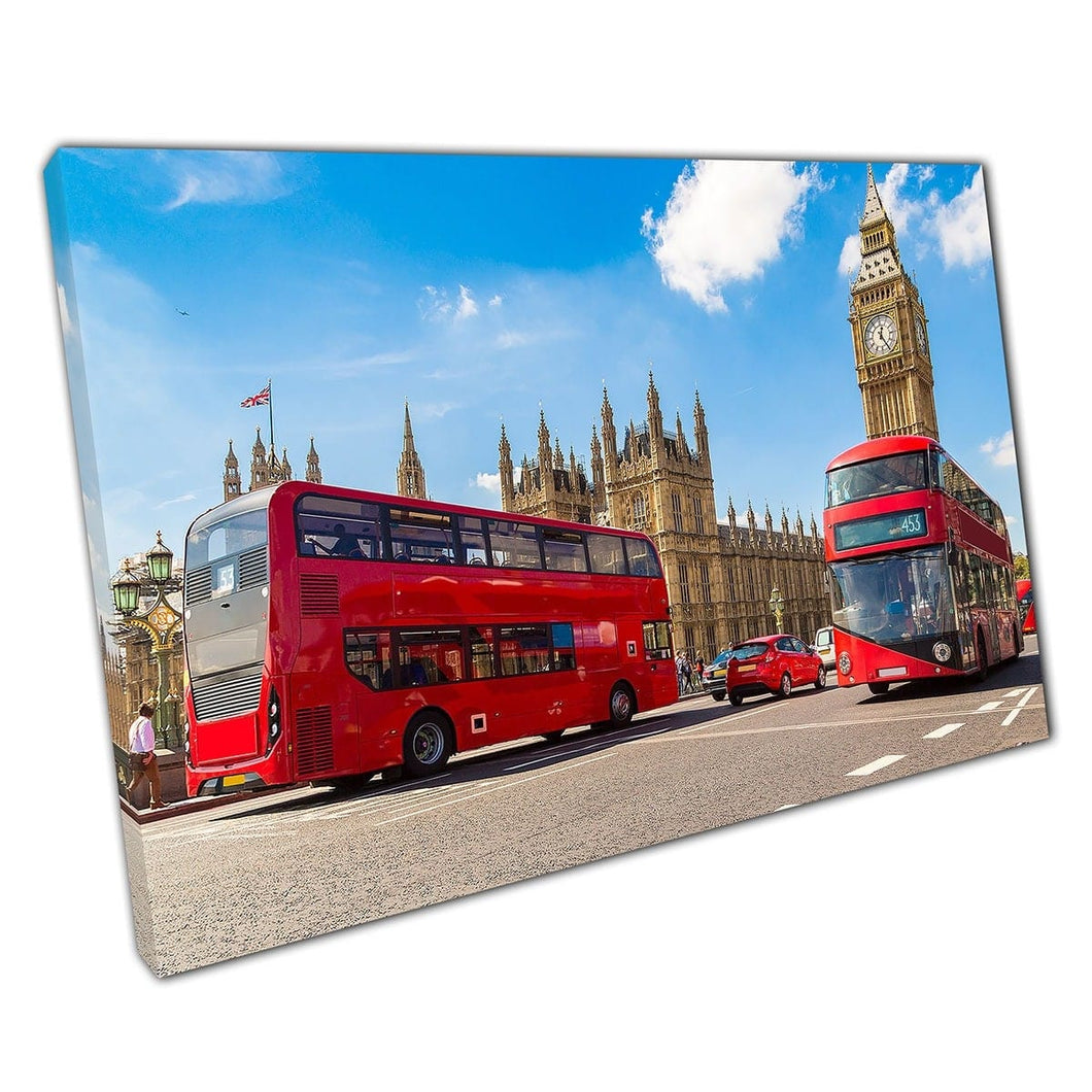 Big Ben Westminster Bridge Iconic Red Double Decker Buses London UK Landmarks Wall Art Print On Canvas Mounted Canvas print